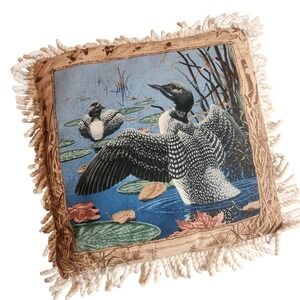 Vintage Loon Bird Nature Tapestry Throw Pillow Fringe Cabin Lodge Decor 14x14